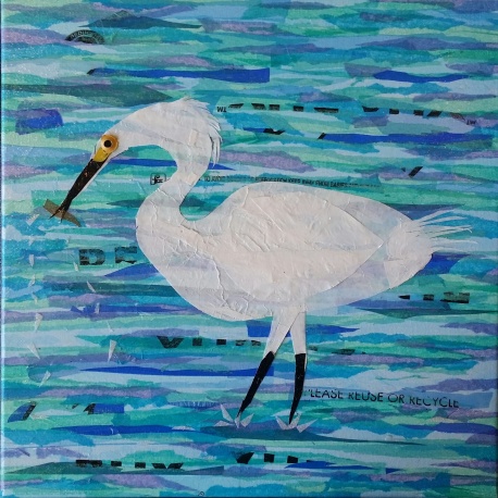 "White Egret Wading", 12"x12" mixed media collage by Ruth Warren
