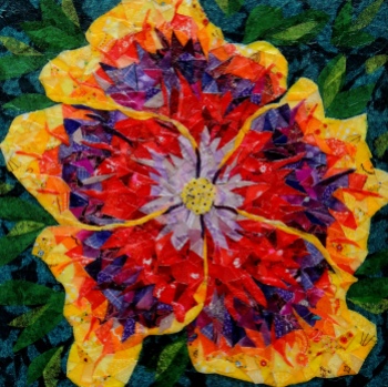 "Night Runner Hibiscus" by Ruth Warren, 12"x12" mixed media featuring fabric mosaic and tissue collage