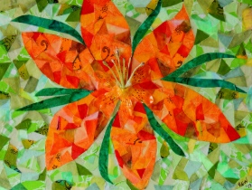 "Orange Daylily", 9"x12" fabric mosaic by Ruth Warren
