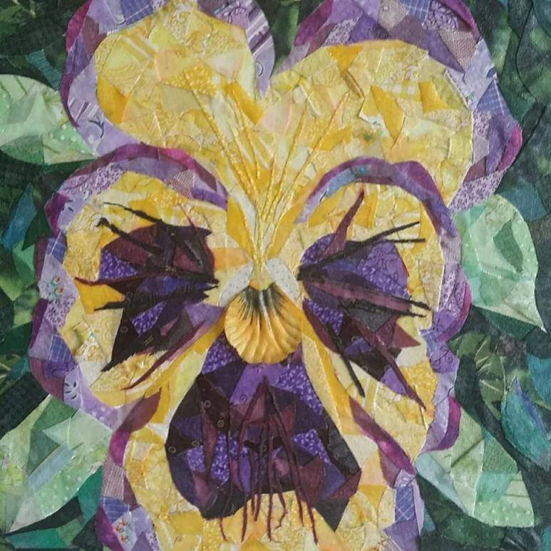 "Yellow Pansy", 10"x10" fabric mosaic on canvas by Ruth Warren