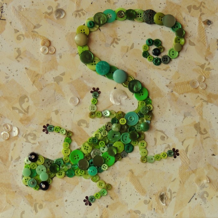 "Green Gecko Making Tracks", 12"x12" mixed media button mosaic