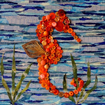 "Orange Seahorse", 12"x12" mixed media button mosaic