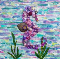 "Purple Seahorse", 12"x12" mixed media and button mosaic by Ruth Warren